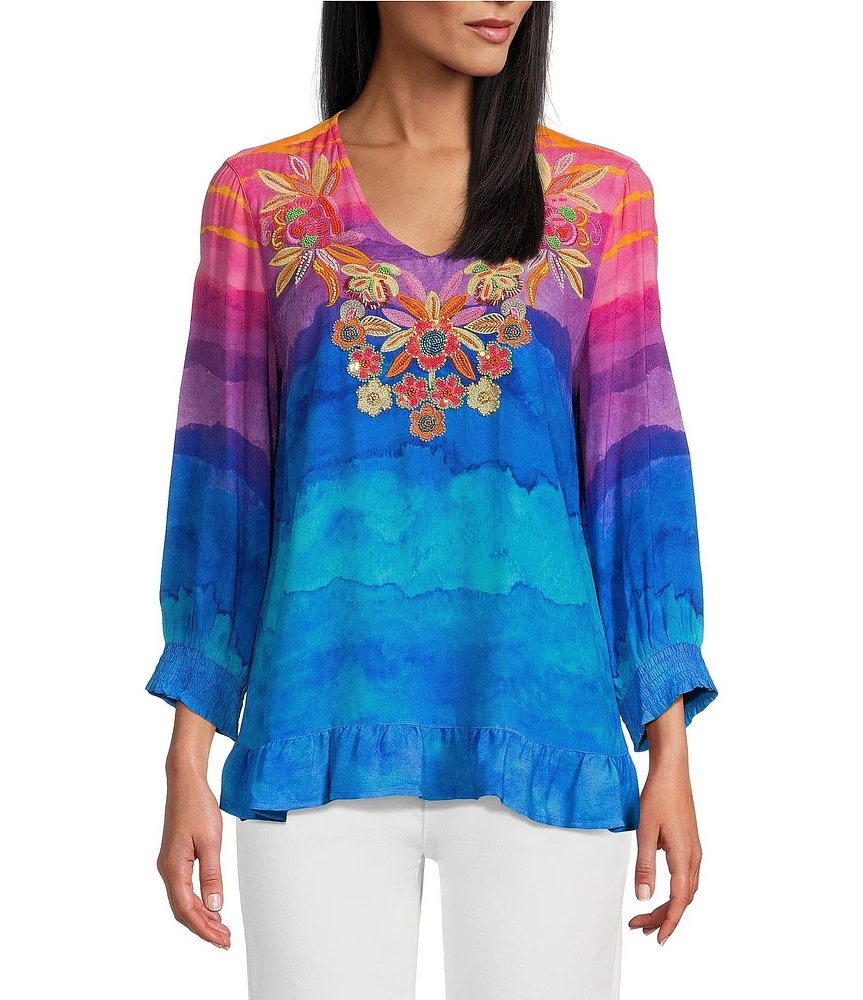 John Mark Embroidered Split V-Neck 3/4 Sleeve Hi-Low Hem Tunic
