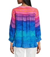 John Mark Embroidered Split V-Neck 3/4 Sleeve Hi-Low Hem Tunic
