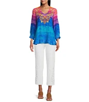 John Mark Embroidered Split V-Neck 3/4 Sleeve Hi-Low Hem Tunic