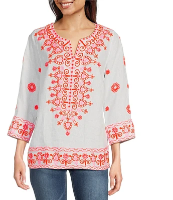 John Mark Embroidered Split V-Neck 3/4 Sleeve Hi-Low Hem Tunic