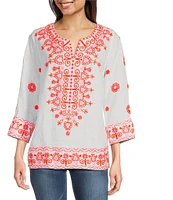 John Mark Embroidered Split V-Neck 3/4 Sleeve Hi-Low Hem Tunic
