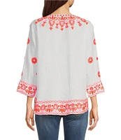 John Mark Embroidered Split V-Neck 3/4 Sleeve Hi-Low Hem Tunic