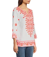 John Mark Embroidered Split V-Neck 3/4 Sleeve Hi-Low Hem Tunic