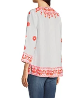 John Mark Embroidered Split V-Neck 3/4 Sleeve Hi-Low Hem Tunic