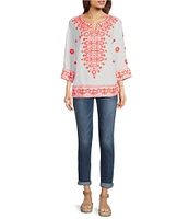 John Mark Embroidered Split V-Neck 3/4 Sleeve Hi-Low Hem Tunic