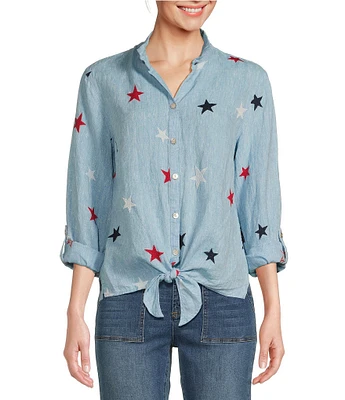 John Mark Embroidered Star Linen Point Collar Roll-Tab Sleeve Button Front Top