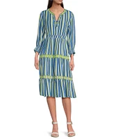 John Mark Embroidered Stripe V-Neck Long Ruffle Sleeve Tiered Popover Midi Dress