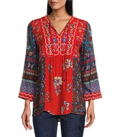 John Mark Embroidered Tie Front V-Neck 3/4 Sleeve Tunic