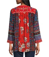 John Mark Embroidered Tie Front V-Neck 3/4 Sleeve Tunic