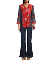 John Mark Embroidered Tie Front V-Neck 3/4 Sleeve Tunic