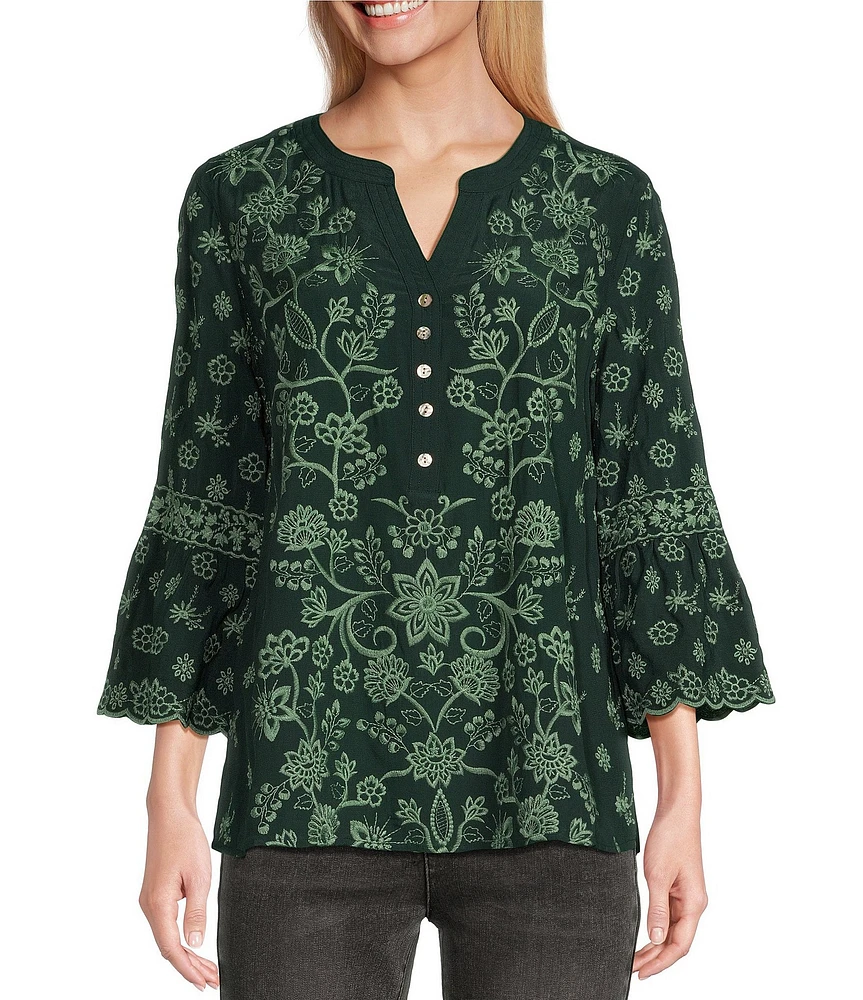 John Mark Embroidered Y-Neck 3/4 Sleeve Button Down Top