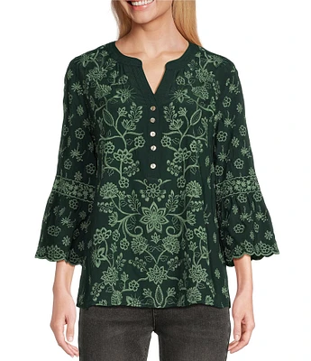 John Mark Embroidered Y-Neck 3/4 Sleeve Button Down Top