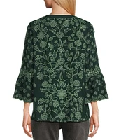 John Mark Embroidered Y-Neck 3/4 Sleeve Button Down Top