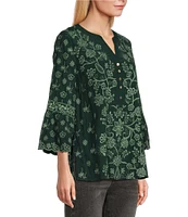 John Mark Embroidered Y-Neck 3/4 Sleeve Button Down Top