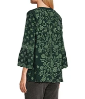 John Mark Embroidered Y-Neck 3/4 Sleeve Button Down Top