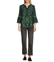 John Mark Embroidered Y-Neck 3/4 Sleeve Button Down Top