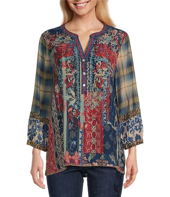 John Mark Embroidered Y-Neck 3/4 Sleeve Button Up Top