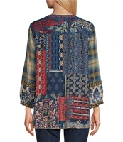 John Mark Embroidered Y-Neck 3/4 Sleeve Button Up Top