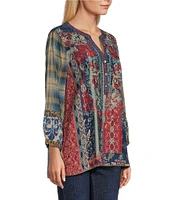 John Mark Embroidered Y-Neck 3/4 Sleeve Button Up Top