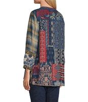 John Mark Embroidered Y-Neck 3/4 Sleeve Button Up Top