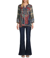 John Mark Embroidered Y-Neck 3/4 Sleeve Button Up Top