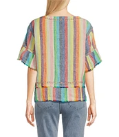 John Mark Embroidered Yarn-Dye Stripe Crew Neck Short Ruffle Hi-Low Hem Top