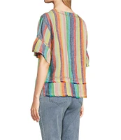 John Mark Embroidered Yarn-Dye Stripe Crew Neck Short Ruffle Hi-Low Hem Top
