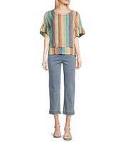 John Mark Embroidered Yarn-Dye Stripe Crew Neck Short Ruffle Hi-Low Hem Top