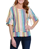 John Mark Embroidered Yarn-Dye Stripe Crew Neck Short Ruffle Hi-Low Hem Top
