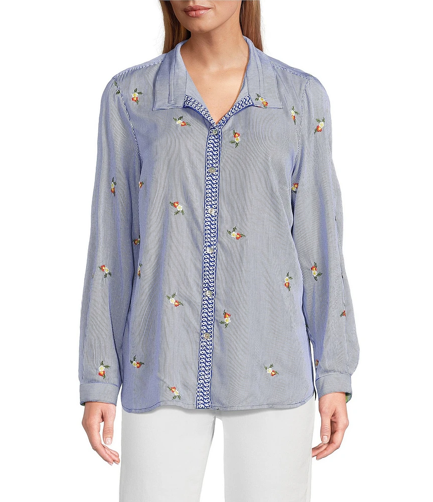 John Mark Embroidered Yarn-Dye Stripe Wire Collar Long Roll-Tab Sleeve Button Front Shirt
