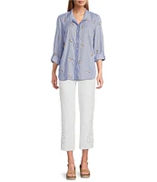John Mark Embroidered Yarn-Dye Stripe Wire Collar Long Roll-Tab Sleeve Button Front Shirt