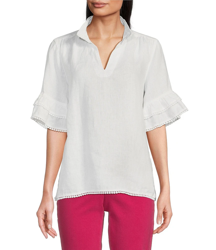 John Mark Embroidery Wire Neck Elbow Length Sleeve Hi-Low Hem Tunic
