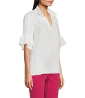 John Mark Embroidery Wire Neck Elbow Length Sleeve Hi-Low Hem Tunic