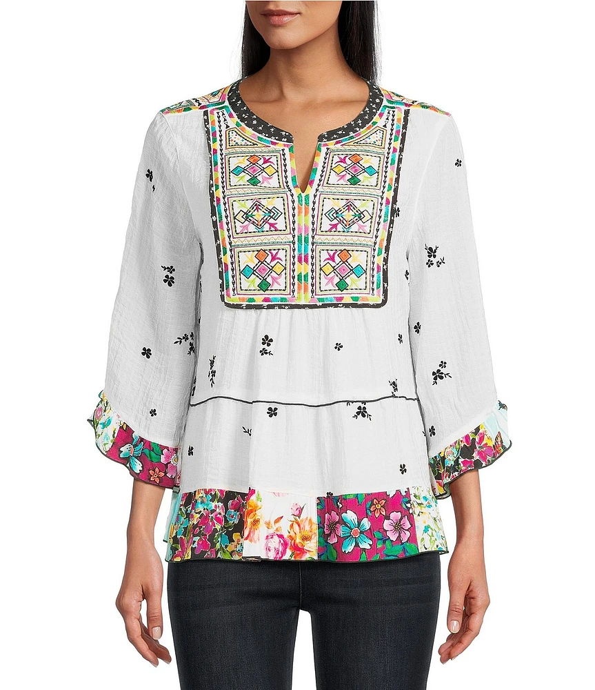 John Mark Flocked Floral-Embroidered Split Neck 3/4 Sleeve Top