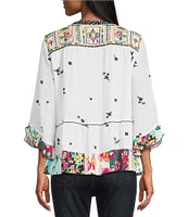 John Mark Flocked Floral-Embroidered Split Neck 3/4 Sleeve Top