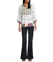 John Mark Flocked Floral-Embroidered Split Neck 3/4 Sleeve Top