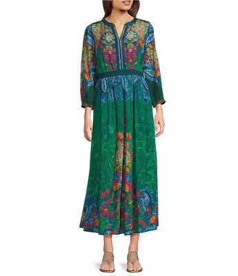 John Mark Floral Bohemian Print Sequin Y-Neck 3/4 Sleeve A-Line Midi Dress