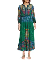 John Mark Floral Bohemian Print Sequin Y-Neck 3/4 Sleeve A-Line Midi Dress