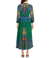 John Mark Floral Bohemian Print Sequin Y-Neck 3/4 Sleeve A-Line Midi Dress