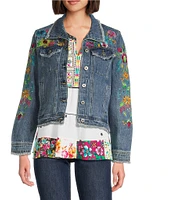 John Mark Floral-Embroidered Frayed Denim Jacket