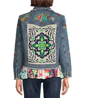 John Mark Floral-Embroidered Frayed Denim Jacket