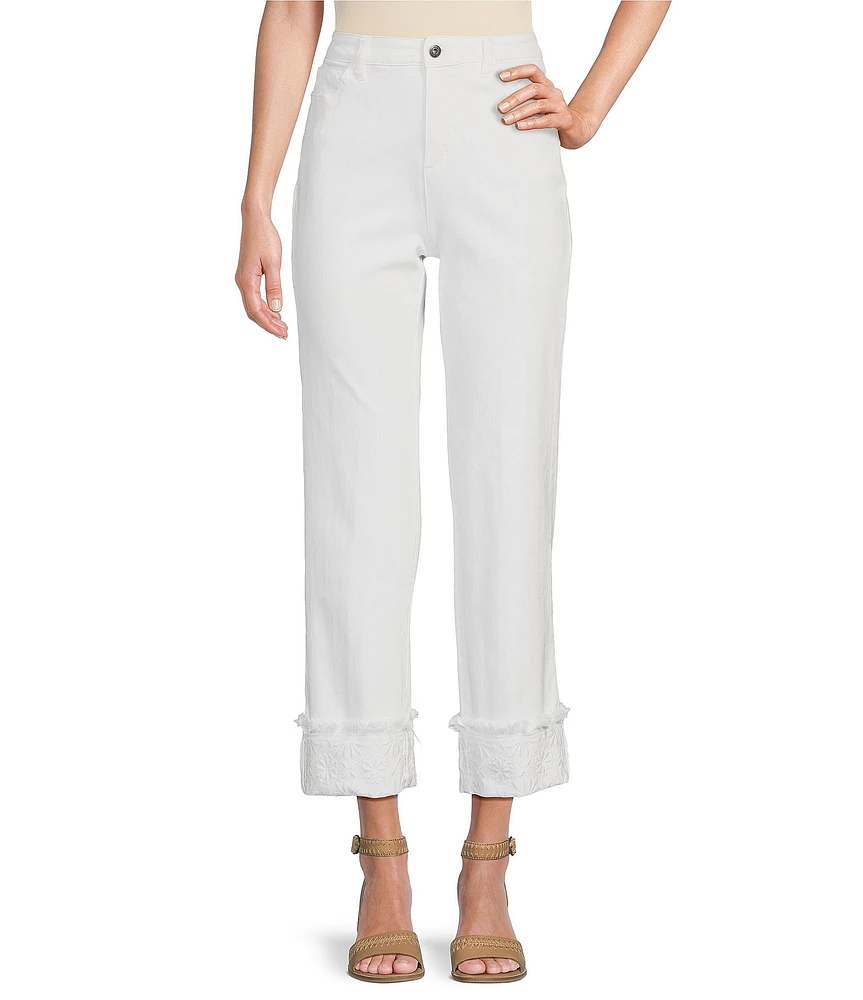 John Mark Floral Embroidered Fringe Hem Straight Leg Pants
