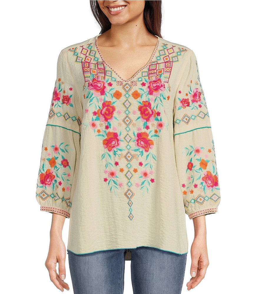 John Mark Floral Embroidered V-Neck 3/4 Cuffed Sleeve Woven Peasant Top