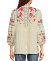 John Mark Floral Embroidered V-Neck 3/4 Cuffed Sleeve Woven Peasant Top