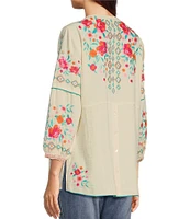 John Mark Floral Embroidered V-Neck 3/4 Cuffed Sleeve Woven Peasant Top