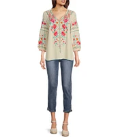 John Mark Floral Embroidered V-Neck 3/4 Cuffed Sleeve Woven Peasant Top