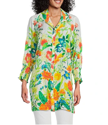 John Mark Floral Point Collar 3/4 Sleeve Button Front Tunic