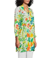 John Mark Floral Point Collar 3/4 Sleeve Button Front Tunic