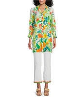 John Mark Floral Point Collar 3/4 Sleeve Button Front Tunic