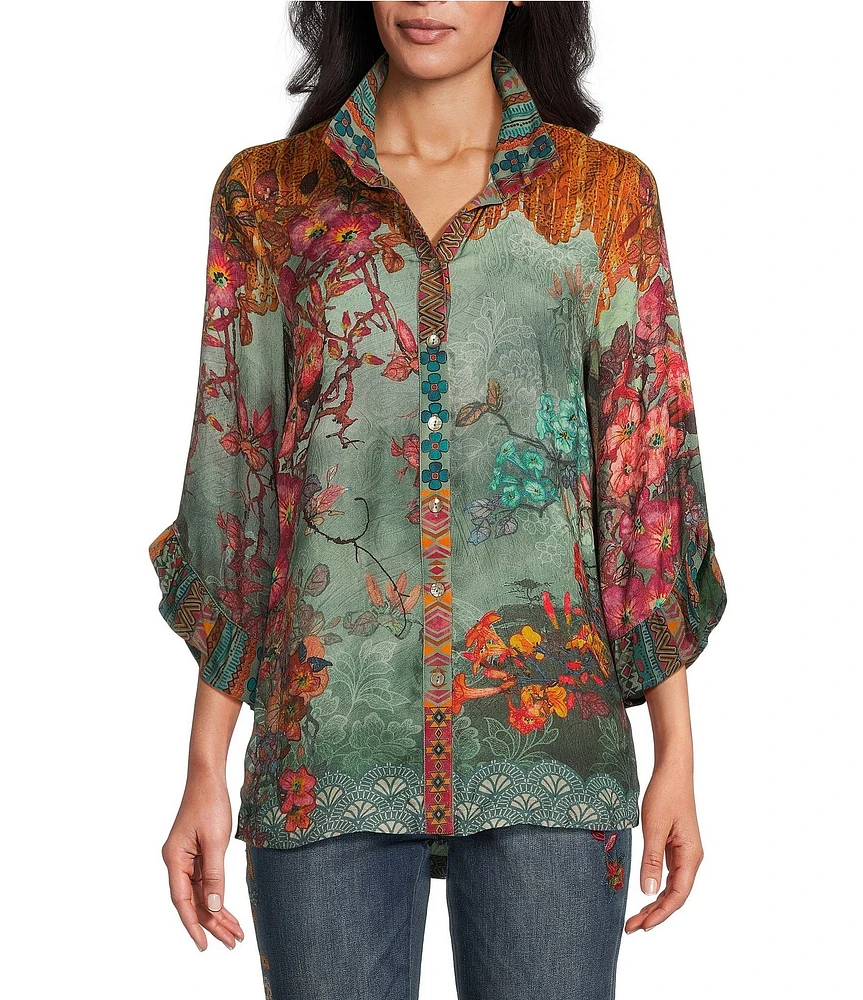 John Mark Floral Print Wire Neck 3/4 Ruffled Sleeve Top